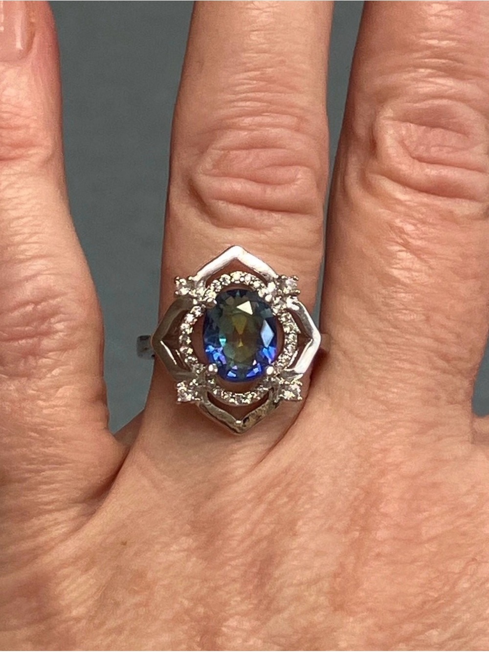 18K White Gold 8CT Blue Mystic Rainbow Topaz Diamond Ring - Picture 3 of 8